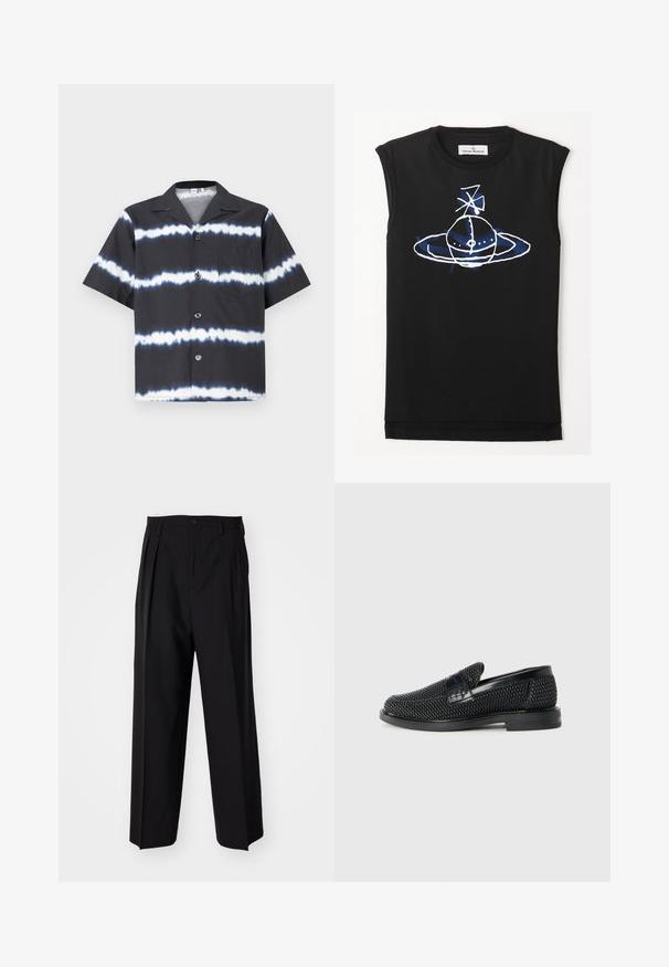 Koszulka z krótkim rękawem w kolorze czarnym z białymi pasami tie-dye, z guzikami z przodu, kołnierzykiem oraz jedną kieszenią na piersi. Wykonana z miękkiego materiału.; Czarny bezrękawnik z niebiesko-białym wzorem graficznym przedstawiającym planetopodobną figurę z pierścieniami i elementami satelity. Miękki materiał bawełniany.; Czarne plisowane spodnie o prostym, szerokim kroju nogawek. Wykonane z gładkiego materiału, z zapięciem na guzik i pętelkami na pasek.; Czarny, pleciony but wsuwany z gładkim skórzanym akcentem na cholewce, o okrągłym nosku i niskoprofilowej gumowej podeszwie.