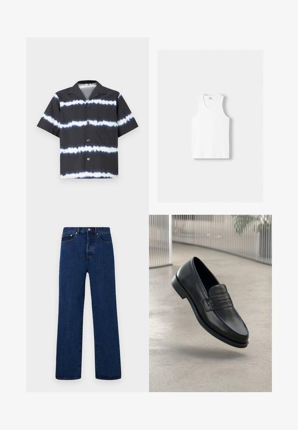 Korte mouwen shirt in zwart met witte tie-dye strepen, met een knopenfront, kraag en een enkele borstzak. Gemaakt van zachte stof.; Witte katoenen tanktop met een ronde halslijn, brede schouderbanden en een rechte zoom, met een gladde textuur en zonder zichtbare patronen.; Donkerblauwe denim jeans met een rechte pijp, voorzien van oranje stiksels, een knoopsluiting en twee voorkantzakken met contrasterende klinknagels.; Zwarte leren loafer met een gladde textuur, spitse neus en een decoratieve band over de wreef. Lichtgewicht zool, minimalistisch ontwerp.
