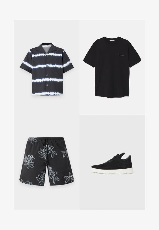 Schwarz-weißes kurzärmliges Hemd mit Batikstreifen, mit Knopfleiste, Kragen und einer Brusttasche. Hergestellt aus weichem Stoff.; Schwarzes Baumwoll-T-Shirt mit Rundhalsausschnitt, kurzen Ärmeln und weißem Logodruck auf der linken Brust. Einfaches, einfarbiges Design.; Schwarze Badehosen mit einem glänzenden floralem Muster in Hellgrau. Elastischer Bund mit Kordelzug und Logodetail auf der unteren rechten Seite.; Schwarze Wildleder-Sneaker mit einer weißen Gummisohle, die sich durch elegante Nähte und ein schnürbares Design auszeichnen. Glatte Textur mit einer modernen, stromlinienförmigen Form.