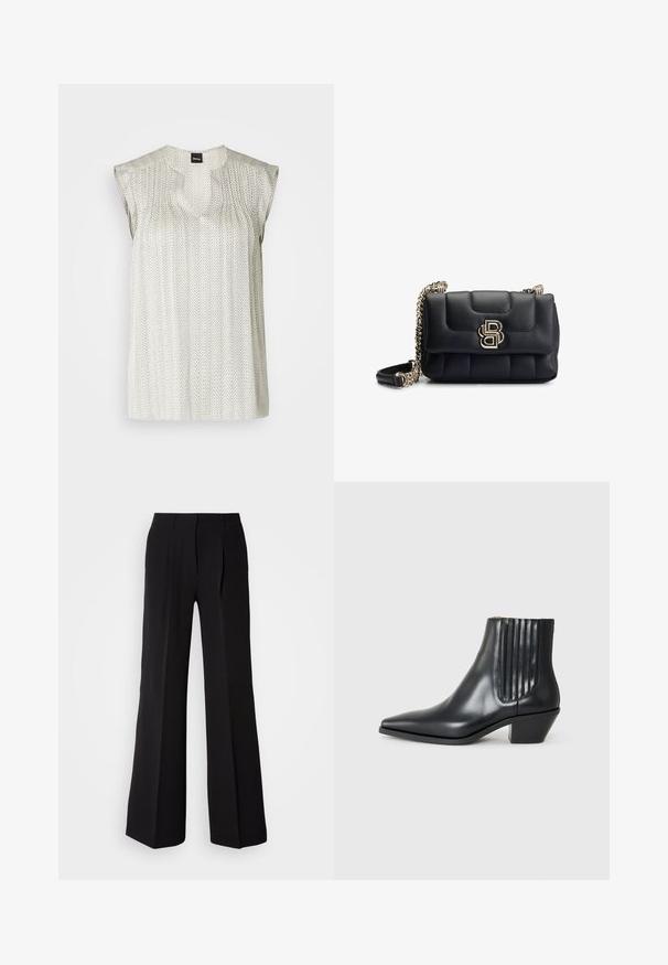 Ermeløs lys sølv bluse med et subtilt geometrisk mønster, V-hals design og lett puffede skuldre. Jevn, teksturert stoff.; Sorte bukser laget av glatt stoff, med høy midje, vide ben og to frontfolder for ytterligere designdetaljer.; Sorte skinnankelsko med spiss tå, elastiske sidepaneler med vertikale groper, og en lav blokkhæl. Glatt tekstur og elegant design.; Svart lærveske med kviltet design, gullfarget hardware og kjedehåndtak. Har klafflås med preget logo.