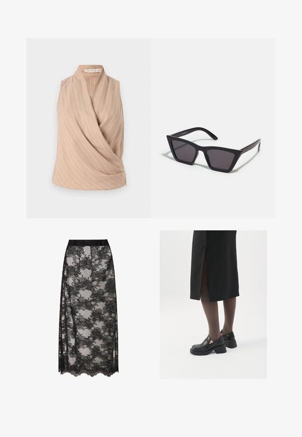 Bežs bez piedurkm topiņš ar apņemšanas dizainu, kas rotāts ar baltām vertikālām svītrām. Izgatavots no viegla auduma ar gludu tekstūru.; Melna mežģīņu svārki ar viļņotu apakšmalu, ar ziedu rakstu un caurspīdīgu tekstūru. Elastīga josta ērtai valkāšanai.; Melni ādas apavi ar noapaļotu purngalu, biezām bloku papēžiem un elastīgiem sānu akcentiem, apvienoti ar tumšām zeķubiksēm un melnu svārku ar šķirbu.; Melni, stūrveida saulesbrilles ar pelēkiem objektīviem; izgatavotas no plastmasas, ar biezām kājām, kam ir gluda virsma un nav redzamu stiprinājumu.; Melnas ādas rokassomi ar noapaļotu, kontūrveida formu, aprīkota ar zeltainas krāsas slēgšanu un vienu regulējamu siksnu. Gluda tekstūra.