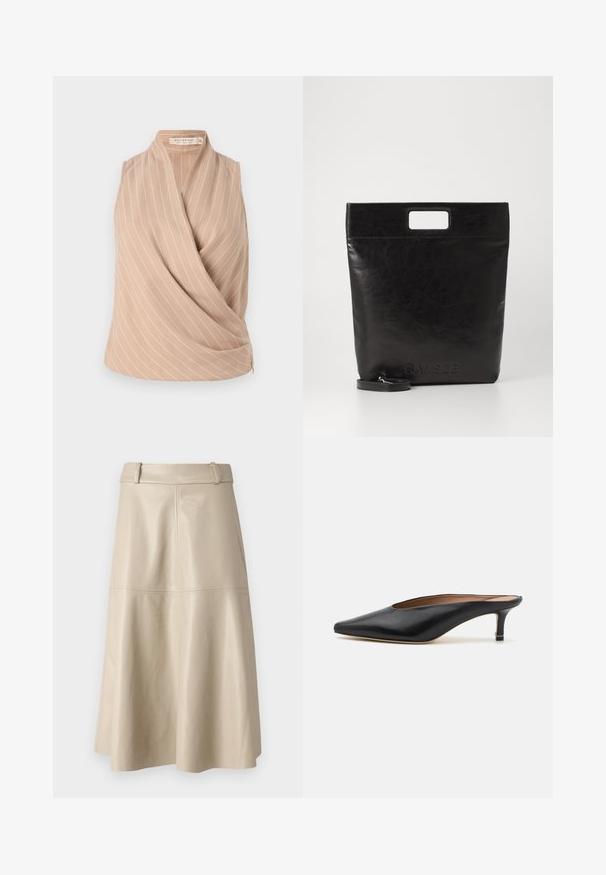Beige ärmelloses Top mit Wickeldesign und weißen vertikalen Streifen. Hergestellt aus leichtem Stoff mit glatter Textur.; Beige Leder-Midi-Rock mit glatter Textur, weitem Bund und ausgestellt geschnittenem Saum; mit gesteppten Nähten für zusätzlichen Detailreichtum.; Schwarze Leder-Mules mit spitzem Zehenbereich und niedrigem Blockabsatz. Glatte Textur mit elegantem Design. Offene Rückseite mit minimaler Gestaltung.; Schwarze Leder-Tote-Tasche mit einem quadratischen Griff, ausgestattet mit einer strukturierten Oberfläche und geprägtem Logo. Inklusive abnehmbarem Tragegurt.