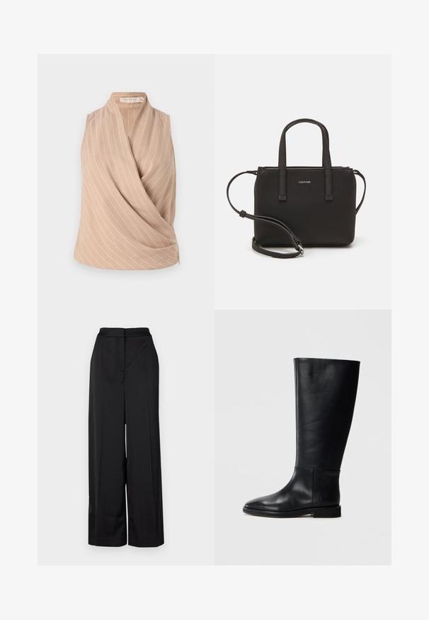 Beige sleeveless top with a wrap design, featuring white vertical stripes. Made from lightweight fabric with a smooth texture.; Black wide-leg trousers made from smooth fabric, featuring a high waistband and clean, pleated front with a minimalist design.; Black leather knee-high boot with a rounded toe, smooth texture, minimalistic design, and a flat sole. Simple seam details on the shaft.; Black handbag with dual short handles and a removable shoulder strap. Smooth leather-like material with a zip closure and logo detail.