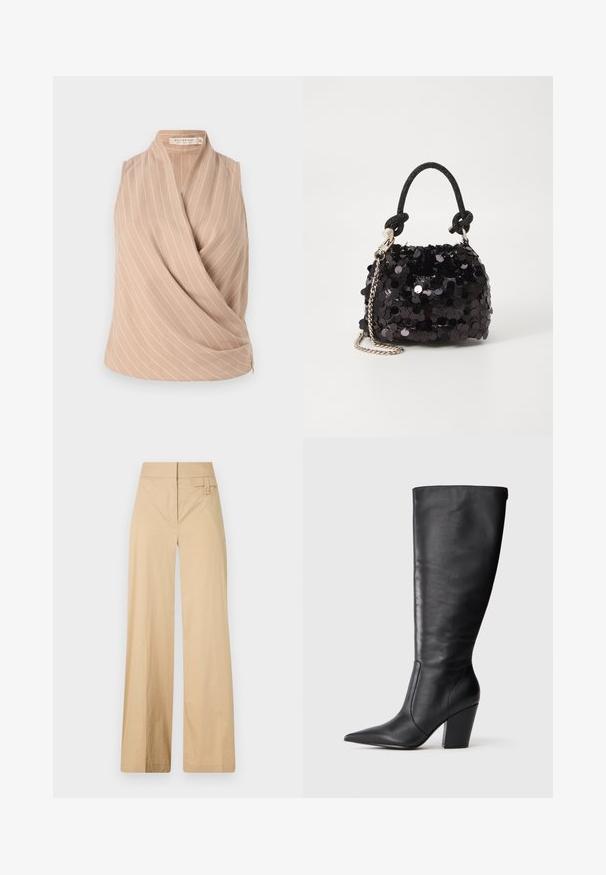 Top senza maniche beige con design avvolgente, caratterizzato da strisce verticali bianche. Realizzato in tessuto leggero con una superficie liscia.; Pantaloni beige a gamba larga realizzati in tessuto misto cotone. Caratterizzati da una texture liscia, una vita elastica e un dettaglio con bottone laterale.; Stivale in pelle nera al ginocchio con punta affilata e tacco alto spesso, mostrato in profilo laterale sinistro su sfondo bianco.; Mini borsa a tracolla nera in paillettes con una tracolla texturizzata annodata e catena argentata. Forma rotonda con parte superiore arricciata e dettagli riflettenti.
