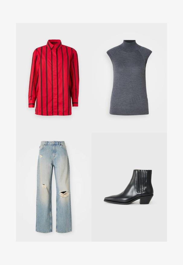 Rotes Hemd mit Knopfleiste, vertikalen schwarzen Streifen, langen Ärmeln, einem Kragen und einem geraden Saum. Hergestellt aus leichtem Stoff.; Graues ärmelloses Rollkragenoberteil, körpernahe Passform, gerippte Textur, glattes Material, mit hochgeschlossenem Kragen und stilvollen Schulter-Ausschnitten.; Hellblaue, gerade geschnittene Jeans mit hoher Taille, Gürtelschlaufen und ausgefransten Rissen am linken Oberschenkel, rechten Knie und unteren linken Bein.; Schwarze Leder-Ankle-Boots mit spitzem Zehenbereich, seitlichen elastischen Einsätzen mit vertikalen Rillen und einem niedrigen Blockabsatz. Glatte Textur und elegantes Design.