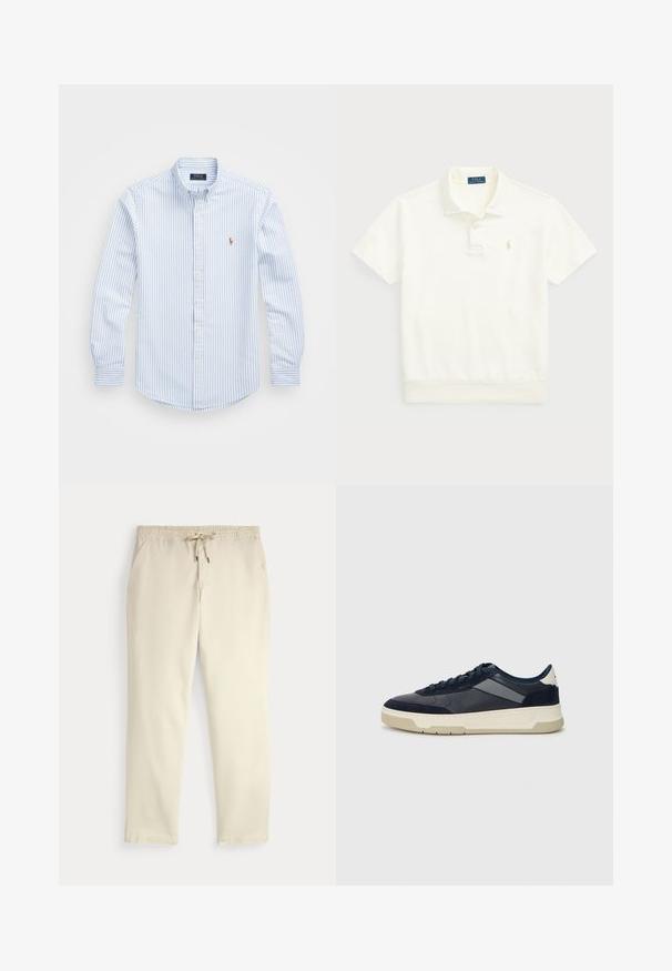 Lyseblå og hvit stripete skjorte med knapper, krage, lange ermer og et lite brodert logo på brystet. Laget av bomull.; Polo Ralph Lauren LOOPBACK FLEECE POLO-COLLAR SWEATSHIRT - Poloskjorter - clubhouse cream; Off-white kosebukser med elastisk midje og snor, rette ben og sidelommer mot en ensfarget bakgrunn.; BOSS BALTIMORE - Joggesko - open blue