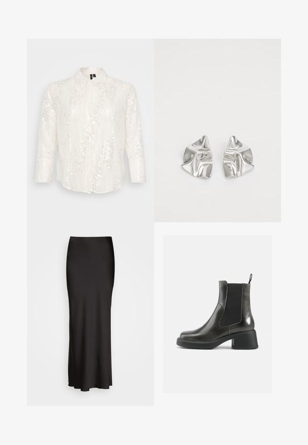 Camicia bianca con bottoni, caratterizzata da un'applicazione di paillettes su tutta la superficie, maniche lunghe, colletto classico e una vestibilità morbida.; Gonna in satin nera, lunga fino al pavimento, con una texture liscia, vita aderente e silhouette a forma di A, priva di decorazioni visibili o fantasie.; Stivali alla caviglia in pelle nera con una finitura liscia, pannelli laterali elastici e un tacco robusto. Presentano una linguetta per facilitare l'inserimento.; Orecchini in metallo argento con un design ondulato e scultoreo, caratterizzati da una finitura lucida e forme irregolari, che evidenziano un'estetica contemporanea.