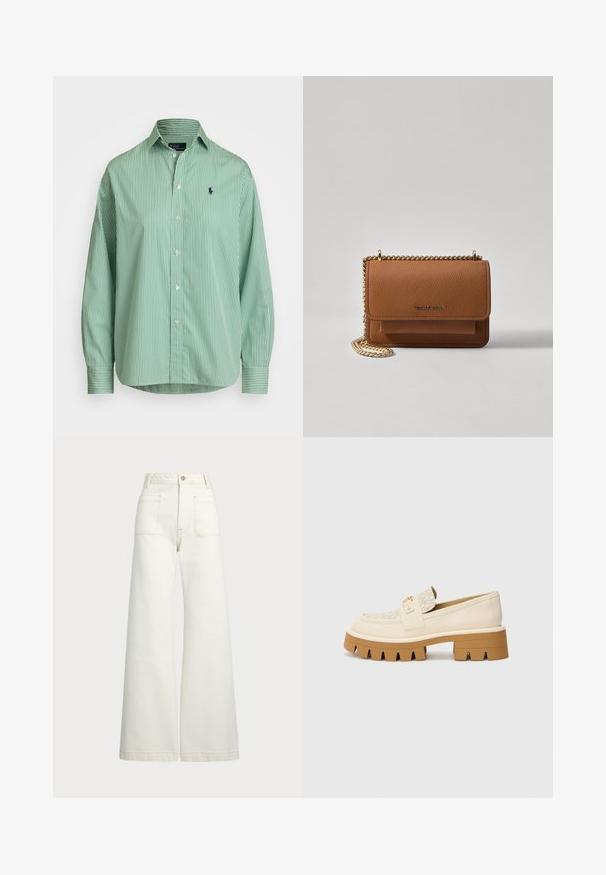 Polo Ralph Lauren RELAXED FIT STRIPED COTTON SHIRT - Blusa com botões - green/white; Jeans de perna larga em denim off-white. Design de cintura alta com fecho de botão, dois bolsos frontais e detalhes de costura em contraste.; Sapatilhas bez em camurça com uma tira texturizada em creme, apresentando uma sola castanha robusta com padrões semelhantes a dentes. Detalhe em dourado na fivela.; Bolsa crossbody de couro texturizado castanho com alça de corrente dourada e fecho com aba. A parte da frente apresenta detalhe do logótipo e um bolso sob a aba.