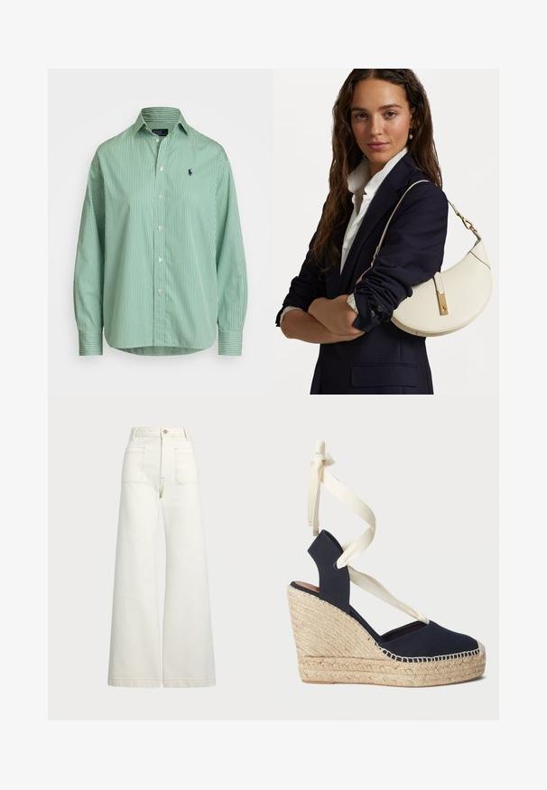 Polo Ralph Lauren RELAXED FIT STRIPED COTTON SHIRT - Button-down blouse - green/white; Wide-leg jeans in off-white denim. High-waisted design with a button closure, two front pockets, and contrast stitching details.; Navy canvas wedge sandal with an espadrille rope outsole and cream ribbon ties at the ankle. Closed heel and round toe design.; White leather handbag with a curved shape, gold hardware, and a textured finish, worn over a dark blazer and white shirt.