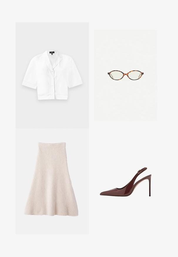 Camicia corta bianca a maniche corte con colletto a punta, caratterizzata da una sottile cucitura testurizzata lungo l'orlo e una finitura in tessuto liscia.; Una gonna A-line beige chiaro realizzata in un tessuto morbido e testurizzato, con una vita liscia e una silhouette fluida.; Sandal con tacco alto in pelle lucida marrone scuro, punta affusolata, con cinturino regolabile e sottile tacco a stiletto.; Occhiali in tartaruga con lenti ovali e una finitura liscia e elegante. Presentano aste sottili con una leggera curva alle tempie. Lenti trasparenti.