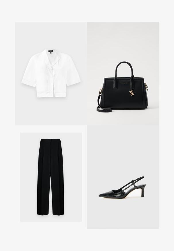 Hvid, kortærmet button-up skjorte med cropped design og spidse krave. Den har en subtil tekstureret søm langs kanten og en glat stoffinish.; Sorte vide benbukser med høj talje, der har læg og en glat tekstur. Stoffet virker let og falder elegant.; Sorte patent slingback hæl med spids tå, prydet med tekstureret slangeskindsmønster, justerbar rem og en kort, tekstureret blokhæl.; Sort læder håndtaske med struktureret design, dobbelt top håndtag, aftageligt skulderrem, guld hardware og en logo charme accent.