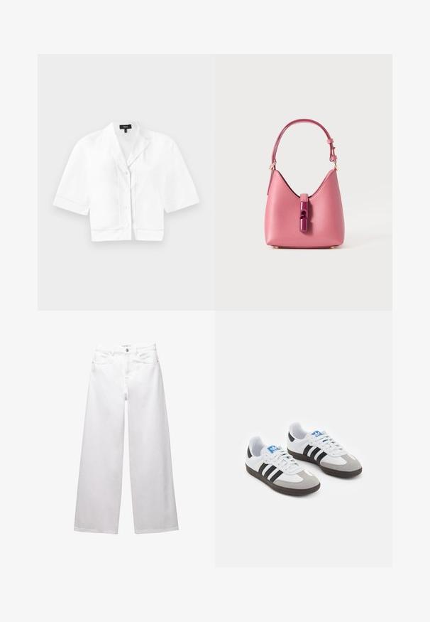 Weißes, gekürztes Kurzarm-Hemd mit Knopfleiste und spitzem Kragen, mit einem subtilen strukturierten Stich am Saum und einer glatten Stoffoberfläche.; Weiße weit geschnittene Jeans aus Denim. Mit Knopfverschluss, Vorder- und Gesäßtaschen sowie gesteppten Nähten. Glatte Textur mit minimalen Details.; Sportschuhe mit einem Obermaterial aus weißem Leder, grauer Wildleder-Zehenkappe und drei schwarzen Streifen. Sie verfügen über ein blaues Logo auf der Zunge und eine strukturierte Gummisohle.; Rosa Lederhandtasche mit strukturiertem Design, ausgestattet mit einem glänzenden Verschluss und einem einstellbaren Gurt. Texturierte Oberfläche mit goldfarbenen Beschlägen.
