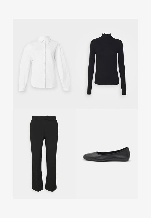 Weißes Hemd mit Knöpfen aus glattem Baumwollstoff, ausgestattet mit einem klassischen Kragen, langen Ärmeln und einem geraden Schnitt mit Knopfleiste.; Schwarz, langärmliges Turtleneck-Oberteil aus glattem Material, mit einem gerafften Kragen und einer enganliegenden Silhouette mit einfachen Kanten.; Schwarze, maßgeschneiderte Hose mit geradem Bein, ausgestattet mit Gürtelschlaufen und Seitentaschen. Hergestellt aus glattem Stoff mit sauberem Finish.; Schwarze Leder-Ballettschuhe mit abgerundeter Spitze, glatter Textur, minimalen Nähdetails und einem flexiblen Sohlen-Design.