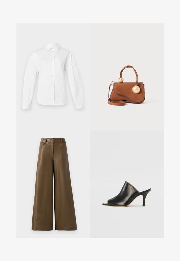 Bílá košile na tlačítka vyrobená z hladké bavlněné tkaniny, s klasickým límečkem, dlouhými rukávy a rovný střih s předním zapínáním na knoflíky.; Elastické kalhoty s širokými nohavicemi vyrobené z hladké hnědé umělé kůže. Mají vysoký pas, čtyři kapsy a přední zip. Hladká textura a minimalistický design.; Černé kožené otevřené muly s elegantním, zakřiveným designem, vysokým jehlovým podpatkem a hladkou texturou. Interiér má kontrastní světlou barvu.; Hnědá kožená kabelka s vlnitým designem, která má dva kruhové zlaté akcenty a odnímatelný ramenní popruh pro všestranné nošení.
