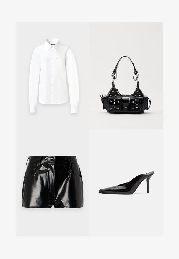 Witte langemouwen overhemd met knopen, gemaakt van gladde stof, met een puntige kraag, een enkel borstzakje en knopen aan de voorkant.; Zwarte, glanzende shorts van synthetisch materiaal. Heeft een aansluitende taille, riemlussen en voorzakken met opvallende stikseldetails.; Zwarte gepatineerde leren hoge hak muiltjes met een spitse neus en een slanke silhouet, met een open achterkant en een slanke stilettohak.; Zwarte lederen handtas met een gebogen ontwerp, voorzien van zilveren studs, een gesp en twee zijvakken. Verstelbare schouderband voor verschillende draagmogelijkheden.