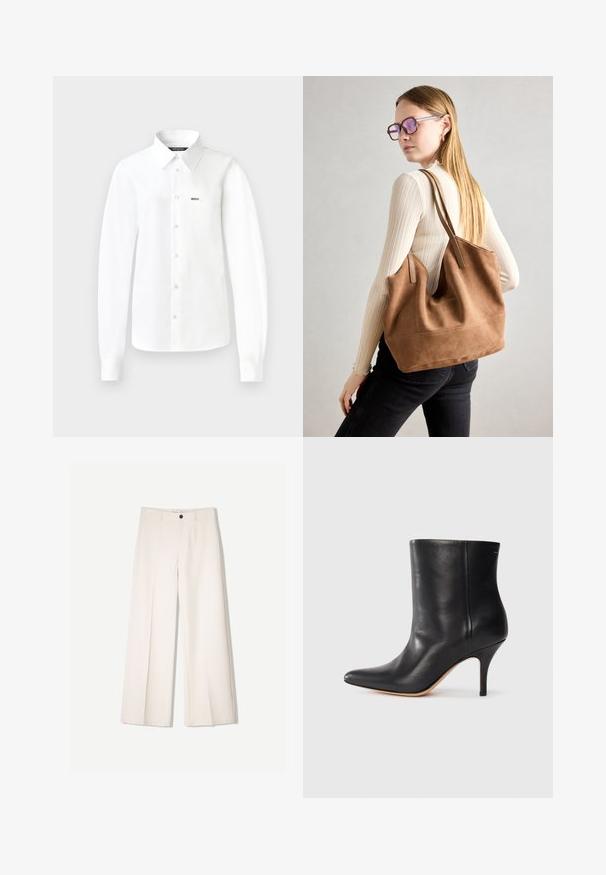 Biela košeľa s dlhým rukávom a gombíkmi, vyrobená z hladkej látky, s špicatým golierom, jednou náprsné vreckom a gombíkmi na prednej strane.; Krémové široké nohavice s nohavicami na mieru, s dvoma prednými vreckami a jedným predným zapínaním na gombík, vyrobené z hladkej tkaniny.; Čierne kožené členkové topánky s špicatou špičkou, úzkym stiletto podpätkom a hladkou textúrou. Minimalistický dizajn bez viditeľných kovových prvkov alebo akcentov.; Hnedá semišová taška na rameno s mäkkou textúrou, veľkým otvorom a dlhými popruhmi. Má jednoduchý dizajn s viditeľným šitím a bez kovových prvkov.