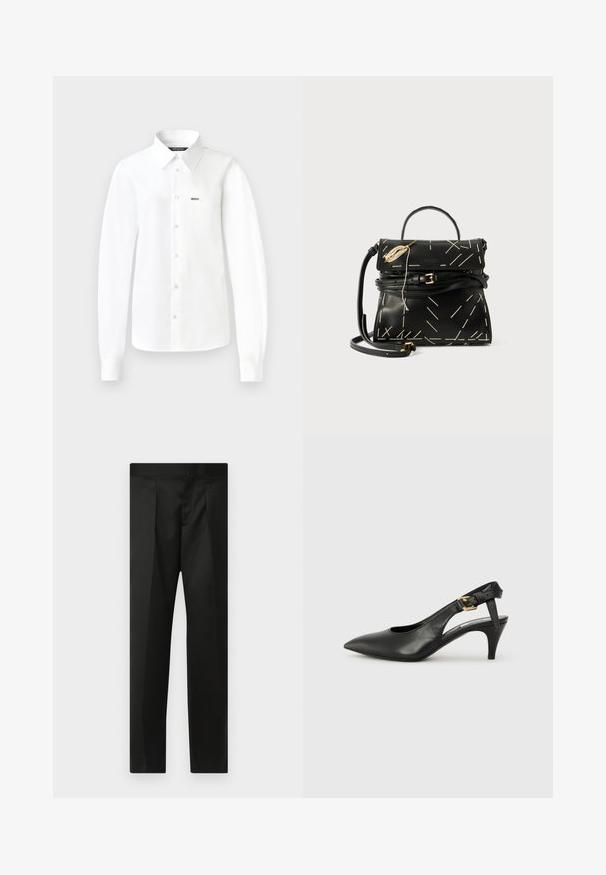 Camicia bianca a maniche lunghe con bottoni, realizzata in tessuto morbido, con colletto a punta, taschino sul petto e bottoni sul davanti.; Pantaloni neri realizzati in un tessuto morbido, design su misura, gambe dritte e una vita piatta senza chiusure o tasche visibili.; Pompa slingback nera in pelle con punta appuntita, tacco basso e dettaglio con fibbia sulla cinghia della caviglia. Texture liscia, design minimalista.; Borsetta in pelle nera con cucitura geometrica bianca, manico superiore e tracolla staccabile. Caratterizzata da dettagli dorati e chiusura con zip.