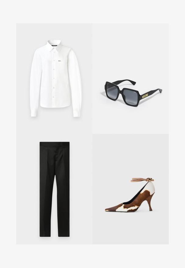 White long-sleeve button-up shirt made of smooth fabric, featuring a pointed collar, single chest pocket, and buttons down the front.; Black trousers featuring a smooth fabric, tailored design, straight legs, and a flat waistband with no visible closures or pockets.; Brown and white cow print high heel shoe with a pointed toe, textured surface, and an ankle strap with a light brown buckle.; Black square sunglasses with gradient gray lenses; features subtle accents and "MOSCHINO" branding in yellow on the arm.; Black leather handbag with structured design, dual top handles, detachable strap, and gold buckle accent on a horizontal band.