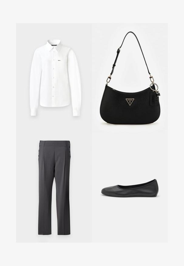 Camicia bianca a maniche lunghe con bottoni, realizzata in tessuto morbido, con colletto a punta, taschino sul petto e bottoni sul davanti.; Pantaloni grigi su misura con design a gamba dritta, pince frontali e bottoni laterali decorativi per un tocco di stile. Tessuto dalla trama liscia.; Pantofole da balletto nere in pelle con punta arrotondata, texture liscia, dettagli di cucitura minimi e design con suola flessibile.; Borsa a spalla nera in materiale sintetico con silhouette curvilinea, finitura testurizzata, logo triangolare dorato e dettagli in metallo removibili.