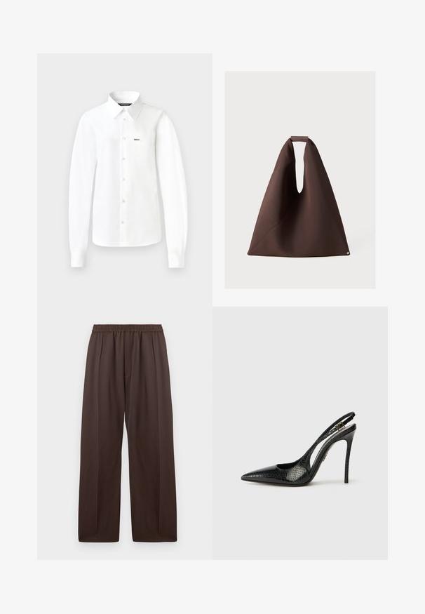 Camicia bianca a maniche lunghe con bottoni, realizzata in tessuto morbido, con colletto a punta, taschino sul petto e bottoni sul davanti.; Pantaloni ampi marroni con cintura elastica e sottili pieghe frontali, esposti distesi su uno sfondo bianco.; Décolleté nera con punta affilata, motivo in rilievo a serpente, tacco a stiletto e una fibbia decorativa sulla cinghia.; Borsa a tracolla in tessuto marrone con una forma unica, dotata di un'ampia apertura, superficie testurizzata e un piccolo accento circolare alla base.