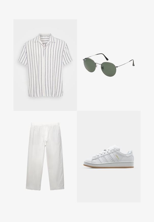 Kortærmet skjorte med knapper, der har lodrette striber i hvid, marineblå og lys beige. Fremstillet af letvægtsstof med spredt krave.; Hvid bomulds T-shirt med korte ærmer, rund halsudskæring og en afslappet pasform. Glat tekstur uden synlige mønstre eller detaljer.; Hvide linnedbukser med elastisk talje med snøre, bred ben-design og rene sømme. Glat tekstur med afslappet pasform.; Hvide sneakers med perforeret tre-stribe-design, teksturerede detaljer, en gummisål og "CAMPUS" logo i guld på siden.; Metalrammede solbriller med ovale grønne linser. Tynd sølvmetalramme og sorte ørepropper. Minimalistisk design, ingen synlige logoer.