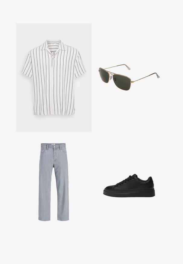 Korte mouwen overhemd met knopen, gekenmerkt door verticale strepen in wit, marineblauw en lichtbeige. Gemaakt van lichte stof met een gespreide kraag.; Lichtblauwe denim jeans met een relaxed fit, rechte pijpen, zichtbare stiksels, twee voorzakken en een knoopsluiting.; Zwarte sneaker van gladleer, met een ronde neus, een dikke platformzool en een traditionele vetersluiting met zes vetergaatjes.; Gouden metalen aviator zonnebril met grote donker groene lenzen, voorzien van een dunne rand en transparante neuspads voor comfort.
