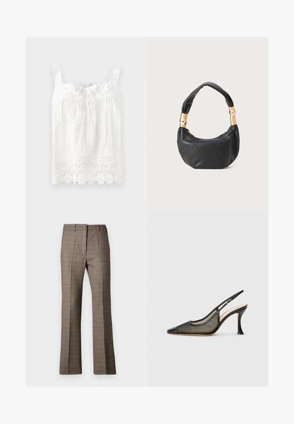 Top sem mangas branco feito de tecido texturizado. Apresenta uma renda à volta do decote e da barra, com bordados florais e um cordão na parte da frente.; Calças castanhas em padrão xadrez com corte reto, apresentando um tecido texturizado e cores subtis de bege e castanhos mais escuros ao longo do padrão.; Sandal de salto alto preto com biqueira fina, detalhes em malha e um bico de pele lisa. As cores incluem preto com acentos em bege.; Mala de mão em couro preto com forma redonda, textura suave e alça com nó, apresentando detalhes em metal dourado. Fecho em zíper.