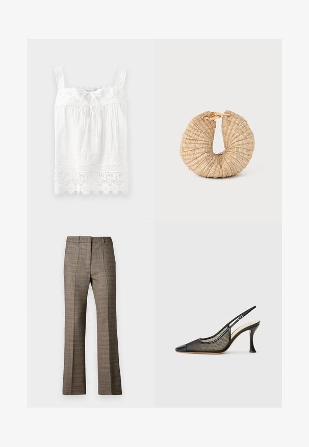 Top sem mangas branco feito de tecido texturizado. Apresenta uma renda à volta do decote e da barra, com bordados florais e um cordão na parte da frente.; Calças castanhas em padrão xadrez com corte reto, apresentando um tecido texturizado e cores subtis de bege e castanhos mais escuros ao longo do padrão.; Sandal de salto alto preto com biqueira fina, detalhes em malha e um bico de pele lisa. As cores incluem preto com acentos em bege.; Cult Gaia UBAH - Carteira de mão - wheat