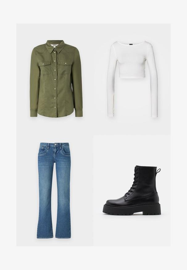 Olive green button-up shirt with a collar, long sleeves, and two chest pockets. Made of soft fabric with a slightly textured finish.; Gina Tricot SOFT TOUCH CROPPED TOP - Long sleeved top - pristine; Light blue flared jeans made of denim, featuring five pocket design, contrast stitching, and a button closure at the waist.; Black leather ankle boots with a round toe, lace-up front, and a thick rubber sole featuring a textured tread. Pull tab at the back.