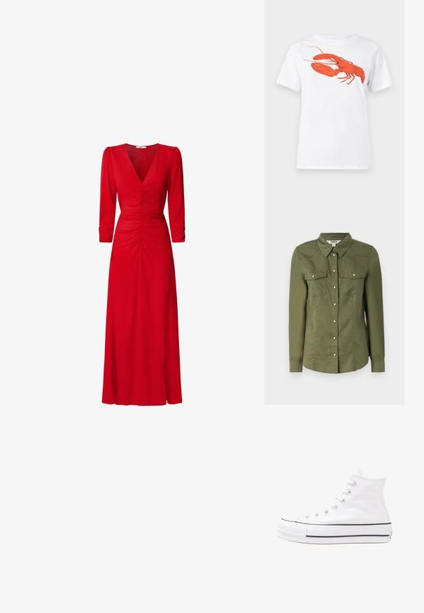 Olivovo zelená košeľa na gombíky s golierom, dlhými rukávmi a dvoma náprsními vreckami. Vyrobená z mäkkej tkaniny s mierne textúrovaným povrchom.; Biely bavlnený tričko s veľkým, jasne červeným grafickým zobrazením homára na prednej strane. Krátke rukávy a štandardný dizajn s okrúhlym výstrihom.; Červené šaty s výstrihom do V, trojštvrťovými rukávmi a nariasením v oblasti pása a na chrbte. Materiál vyzerá hladko a ľahko.; Biele vysoké plátené tenisky s čiernou gumovou podošvou, prednou gumovou špičkou a šiestimi okami na šnúrky, s čistým, minimalistickým dizajnom.; Červená kožená kabelka s ostrým, geometrickým dizajnom. Má jeden nastaviteľný popruh a uzatváranie na klopu so šitím.