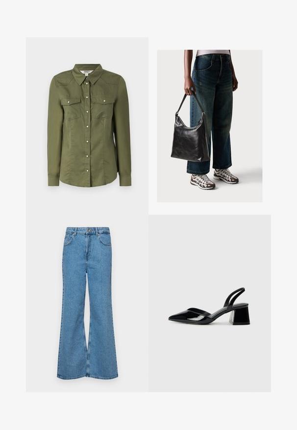 Olive green button-up shirt with a collar, long sleeves, and two chest pockets. Made of soft fabric with a slightly textured finish.; Light blue flared jeans made of denim, featuring a high waist, five pockets, and a single button closure. Soft texture with faded finish.; Black patent leather slingback heels with a pointed toe and a geometric block heel. Features a sleek, minimal design and smooth texture.; Black leather shoulder bag with a smooth texture and adjustable strap, paired with faded wide-leg jeans and athletic sneakers.