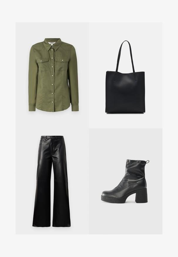 Olivinius žalias mygtukinis marškinėliai su apykakle, ilgomis rankovėmis ir dviem krūtinės kišenėmis. Pagaminta iš minkštos medžiagos su šiek tiek tekstūruotu paviršiumi.; Juodos aukšto juosmens plačios kojų dirbtinės odos kelnės su priekiniais mygtukais, užtrauktuku, diržo kilpomis ir šoninėmis kišenėmis ant balto fono.; Juodos kulkšninių botai, pagaminti iš lygaus odos, su šoniniu užtrauktuku, masyviu tekstūruotu kulnu ir apvaliu pirštu.; Juodas odinis tote krepšys su lygia tekstūra, stačiakampio formos ir dviem ilgais rankenomis. Matomų metalinių detalių ar puošybos nėra.