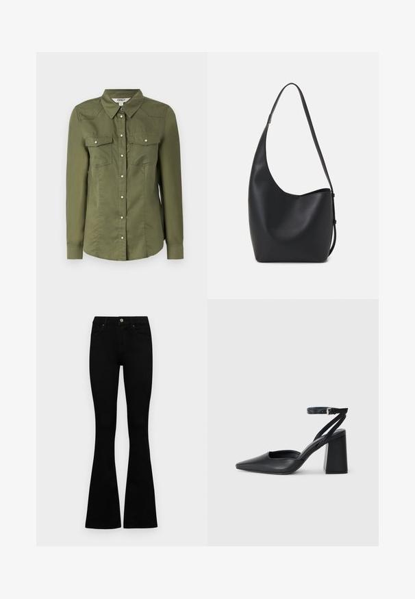Cămașă verde măslinie cu nasturi, cu guler, mâneci lungi și două buzunare pe piept. Fabricată dintr-un material moale, cu un finisaj ușor texturat.; Jeans negri cu talie înaltă, cu închidere prin nasture și fermoar, buzunare frontale și picioare evazate, așezați pe un fundal alb.; Pantofii cu toc ascuțit din piele neagră, cu breteaua pentru glezne și toc gros. Textură netedă, design elegant și estetică minimală.; Geantă hobo din piele neagră, cu o textură netedă, formă curbată și un singur bretele ajustabil; are o deschidere largă în partea de sus.
