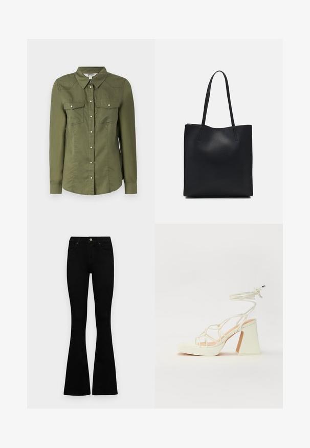Cămașă verde măslinie cu nasturi, cu guler, mâneci lungi și două buzunare pe piept. Fabricată dintr-un material moale, cu un finisaj ușor texturat.; Jeans negri cu talie înaltă, cu închidere prin nasture și fermoar, buzunare frontale și picioare evazate, așezați pe un fundal alb.; Sandale albe cu toc înalt și gros, cu un design cu curele și legătură la gleznă. Textură netedă, cu o platformă frontală pentru înălțime suplimentară.; Geantă tote neagră din piele, cu textură netedă, formă rectangulară și două mânere lungi. Fără hardware vizibil sau ornamente.
