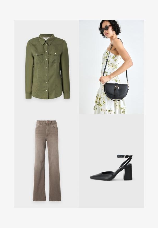 Camisa verde-oliva de botão, com colarinho, mangas longas e dois bolsos no peito. Feita de um tecido suave com um acabamento ligeiramente texturizado.; Jeans castanhos de cintura alta, de perna reta, com botão frontal, passantes para cinto e design clássico de cinco bolsos em fundo branco.; Sandal com biqueira afilada em couro preto, com cinta no tornozelo e salto grosso. Textura lisa, design elegante e estética minimalista.; Bolsa de couro preta com forma curva, alça destacável e detalhes em dourado. A bolsa possui uma aba com detalhe de fivela.