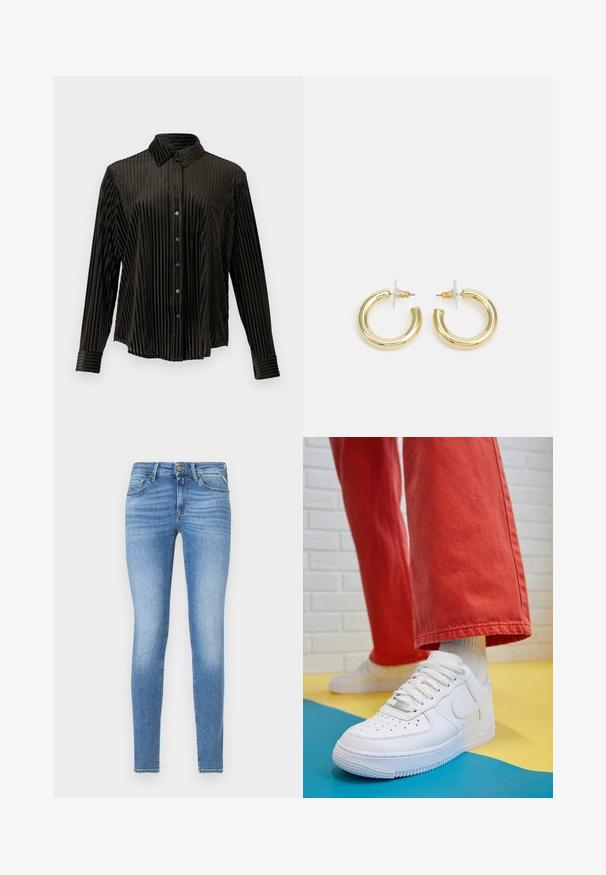 Črna prugasta srajca s kratkimi gumbi, ovratnikom, dolgimi rokavi in žepom. Narejena iz gladkega blaga s teksturiranim navpičnim rebrastim vzorcem.; Tanjši modri jeans z višjim pasom, sprednjim gumbom in petimi žepi.; Beli usnjeni športni čevlji s perforiranim prstnim delom, teksturiranim podplatom in belimi vezalkami, v kombinaciji s širokimi rdečimi hlačami in modro-rumeno ozadje.; Zlate uhane v obliki obročkov z gladko, sijočo površino. Krožna zasnova s majhnim nosilcem in prozornim podplatom za varno nošenje.