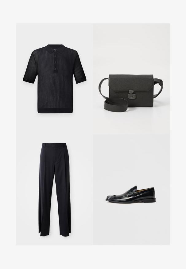 Fekete pólóing rövid ujjakkal, bordázott textúrával és egyszínű fekete gallérral. Három gomb található az elején, és szabott a szegélye.; Fekete, magasan ültetett nadrág, széles szárai vannak, sima anyagból készült. Elülső redők és övhurkok jellemzik. Minimalista dizájn, látható fémalkatrészek nélkül.; Fekete bőr mokaszinok sima felülettel, lekerekített orral, díszvarrással és alacsony rakott sarkakkal. Nincs látható márkajelzés.; Fekete bőr keresztpántos táska struktúrált felülettel, fedélzáras, fém kiegészítőkkel és hozzáillő állítható pánttal.
