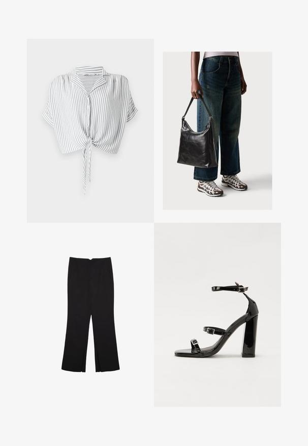 Šedobiele pruhované skrátené tričko s viazaním vpredu, gombíkovým zapínaním, krátkymi rukávmi a golierom, vyrobené z ľahkého materiálu.; Čierne nohavice so strihom rovného strihu, s prednými vreckami a bočnými rozparkami na leme. Vyrobené z mäkkej, hladkej tkaniny. Vhodné na rôzne príležitosti.; Čierne lakované sandále na podpätku so štvorcovou špičkou, navlečenými remienkami okolo členku a striebornými prackami. Disponujú masívnym blokovým podpätkom pre stabilitu.; Čierna kožená taška cez rameno s hladkou textúrou a nastaviteľným popruhom, skombinovaná s vyblednutými širokými džínsy a športovými teniskami.