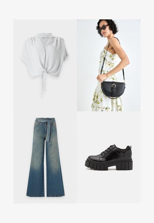 Grå og hvid stribet crop-top med knyt foran, knaplukning, korte ærmer og krave, lavet af letvægts materiale.; Bredbens-denimbukser med en lys til mørk blå gradient, høj talje, bælteløkker og et matchende stofbælte. Tekstureret denimfinish.; Sorte læder platform sko med en klodset blokhæl, rund tå og traditionelt snøredesign. Har en glat tekstur og minimal detaljering.; Sort læderhåndtaske med en buet form, aftagelig rem og guldfinish. Tasken har en klap med en spænde detalje.