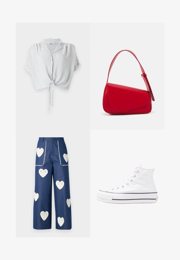 Pilkas ir baltas dryžuotas trumpas marškinėlis su rišamu priekyje, mygtukų uždarymu, trumpomis rankovėmis ir apykakle, pagamintas iš lengvos medžiagos.; Sister Jane HEART TO HEART - Tiesaus kirpimo džinsai - blue denim; Balti aukštakulniai drobės sportbačiai su juodu guminio pado, priekinio guminio piršto dangteliu ir šešiais akytėmis raištams, pasižymintys švariu, minimalistiniu dizainu.; Raudona odinė rankinė su kampuota, geometrine forma. Pasižymi viena reguliuojama dirželiu ir dangteliu su siuvinėtais dekoracijomis.