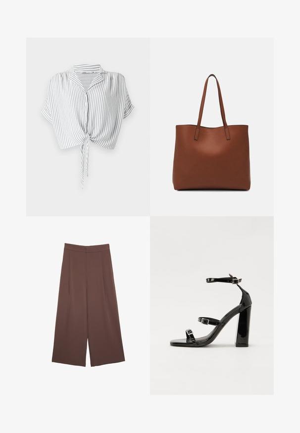 Gray and white striped cropped shirt with a tie front, button closure, short sleeves, and a collar, made from lightweight fabric.; Brown wide-leg trousers with a smooth texture, featuring a high waist and front pleats. The fabric is lightweight and flows loosely.; Black patent heeled sandals with a square toe, ankle straps, and silver buckles. Features a chunky block heel for stability.; Brown leather tote bag with a smooth texture, open top design, and two shoulder straps. Features minimal stitching and no visible hardware.