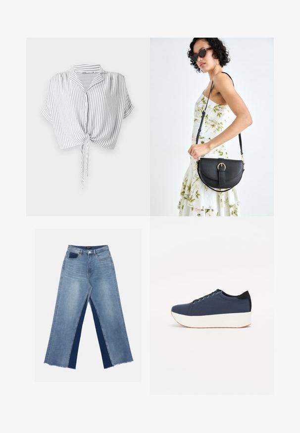 Gray and white striped cropped shirt with a tie front, button closure, short sleeves, and a collar, made from lightweight fabric.; Light blue wide-leg jeans featuring contrasting dark blue panels, frayed hems, and a standard waist with a metal button closure.; Navy blue sneaker with a textured fabric upper, white platform sole, rounded toe, and black heel accent. Features six eyelets for laces.; Black leather handbag with a curved shape, detachable strap, and gold hardware. The bag features a flap with a buckle detail.