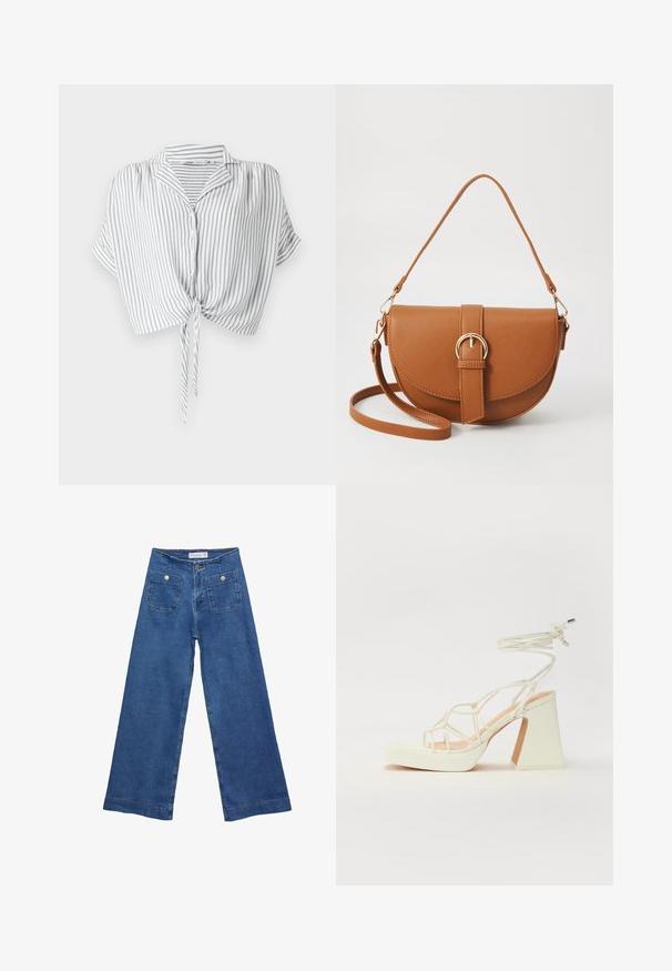 Szara i biała w paski, skrócona koszula z przodem związanym na kokardę, z zapięciem na guziki, krótkimi rękawami i kołnierzykiem, wykonana z lekkiego materiału.; Jeans dżinsowe o szerokich nogawkach w średnim niebieskim odcieniu, z dwiema przednimi kieszeniami zapinanymi na guziki oraz przeszyciami wzdłuż dołów nogawek.; Biała sandał na wysokim obcasie z masywnym słupkiem, z paskowym wzorem i wiązaniem przy kostce. Gładka faktura z platformą z przodu dla dodatkowej wysokości.; Brązowa skórzana torba na ramię o zaokrąglonym kształcie, ze złotymi akcentami i zapięciem w formie klamry. Posiada odpinany pasek na ramię.