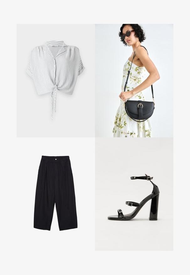 Gray and white striped cropped shirt with a tie front, button closure, short sleeves, and a collar, made from lightweight fabric.; Black polyester culotte pants with an elastic waistband, two front pleats, and a loose silhouette. No visible patterns or hardware details.; Black patent heeled sandals with a square toe, ankle straps, and silver buckles. Features a chunky block heel for stability.; Black leather handbag with a curved shape, detachable strap, and gold hardware. The bag features a flap with a buckle detail.