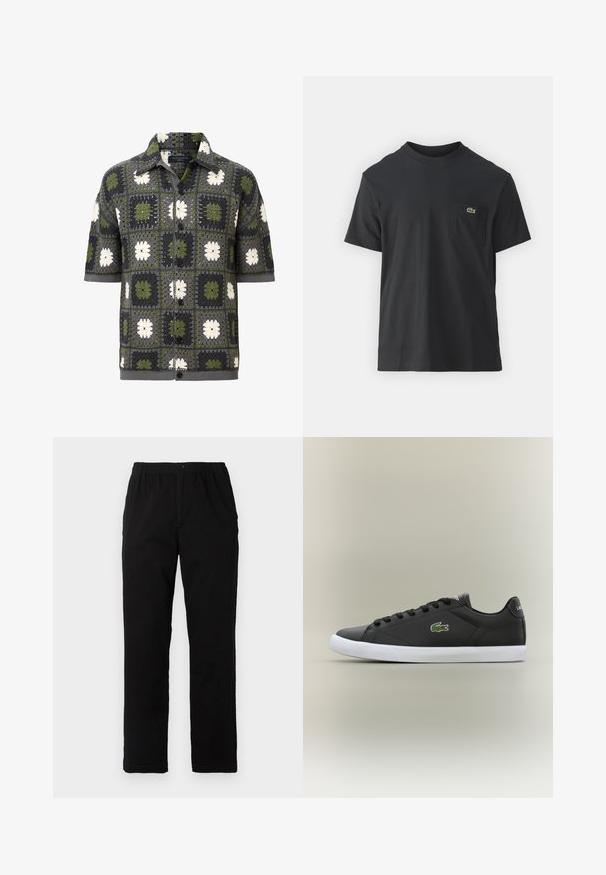Koszula z krótkim rękawem z guzikami, prezentująca patchworkowy wzór w zielone, szare i białe kwiatowe kwadraty, wykonana z teksturowanej dzianiny.; Czarna bawełniana koszulka z krótkim rękawem, okrągłym dekoltem i małym zielonym logo na lewej kieszeni piersiowej. Prosty design, regularny krój.; Czarne spodnie wykonane z mieszanki bawełny, z prostym krojem, elastycznym paskiem w talii z guzikiem oraz bez widocznych wzorów czy akcentów.; Czarne skórzane sneakersy z białą gumową podeszwą, z zielonym logo krokodyla i okrągłymi sznurówkami, o smukłym designie i gładkiej fakturze.