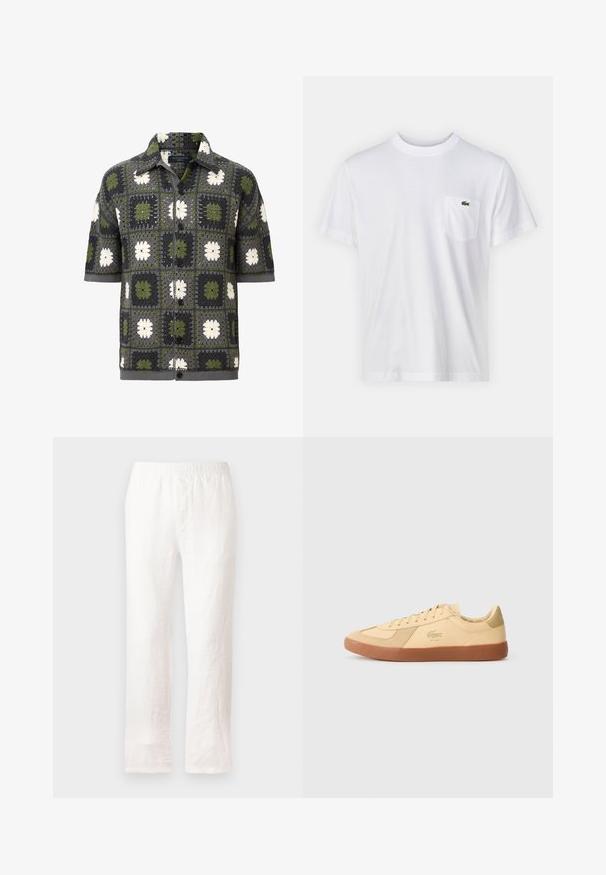 Kreklu ar īsām piedurknēm, kas rotāts ar pļāpājošu dizainu, kurā ir zaļas, pelēkas un baltas ziedu kvadrātveida formas, izgatavots no teksturēta dzijas auduma.; Balta kokvilnas T-kreklu ar apaļu kakla izgriezumu un īsām piedurknēm. Tam ir kreisajā krūtī kabata un neliels zaļš Lacoste logo.; Baltas lina bikses ar elastīgu jostu, taisnas kājas dizains un mazliet teksturēta auduma. Nav rakstiem vai papildu detaļām.; Lacoste sporta apavi gaiši dzeltenā ādā, ar gumijas zoli, auklu aizdari un ikonisko logo. Zābaka un papēža daļas ar zamšādas akcentiem.