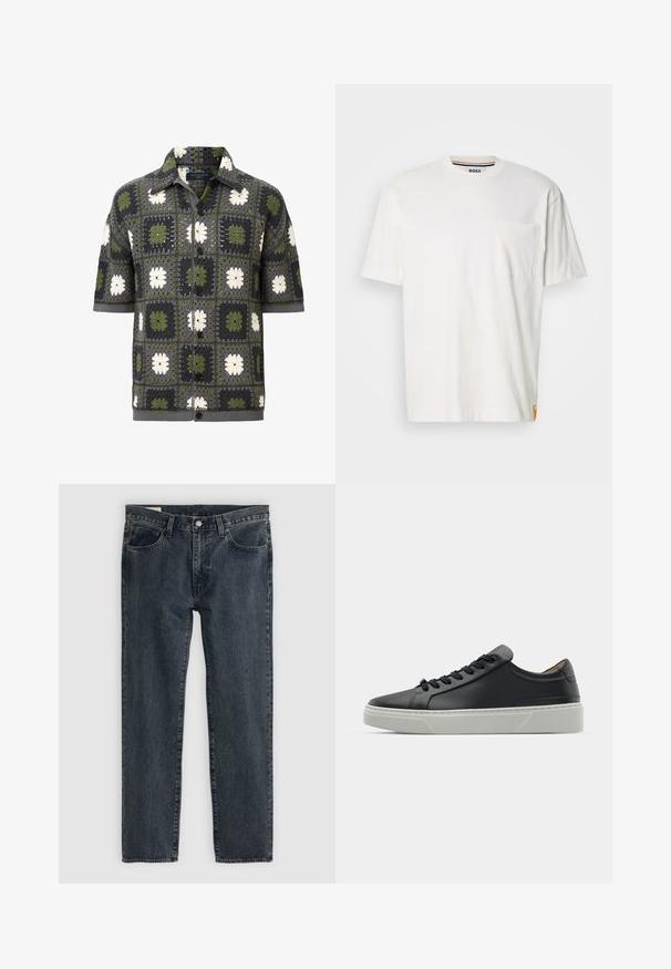 Kurzärmliges Hemd mit Knopfleiste, das ein Patchwork-Muster aus grünen, grauen und weißen Blumenquadraten zeigt, gefertigt aus einem strukturierten Strickstoff.; Weißes Baumwoll-T-Shirt mit Rundhalsausschnitt, kurzen Ärmeln und einer Brusttasche auf der linken Seite. Enthält ein kleines Logotag an der Seitennaht.; Dunkelblaue Jeans aus Denim mit geradem Bein, fünf Taschen und einem Knopfverschluss. Der Stoff weist eine subtile Ausbleichung und Textur auf.; Schwarze Ledersneaker mit glatter Textur, runder Zehenform und schwarzen Schnürsenkeln. Verfügt über eine dicke, weiße Gummisohle mit subtilen geometrischen Akzenten.