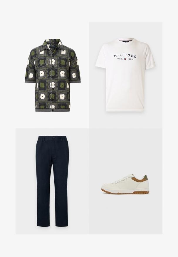 Kreklu ar īsām piedurknēm, kas rotāts ar pļāpājošu dizainu, kurā ir zaļas, pelēkas un baltas ziedu kvadrātveida formas, izgatavots no teksturēta dzijas auduma.; Balta kokvilnas T-krekls ar apaļu kaklu, īsām piedurknēm un centrālo logo "HILFIGER USA 1985" tumši zilā krāsā ar sarkanu un zilu emblemu.; Jūras flotes chinos ar elastīgu jostasvietu, priekšējo pogu aizdari un taisnu kāju dizainu. Gluda tekstūra bez redzamām rakstu struktūrām.; Tommy Hilfiger BASKET CORE - Treniņu apavi - ecru/army green