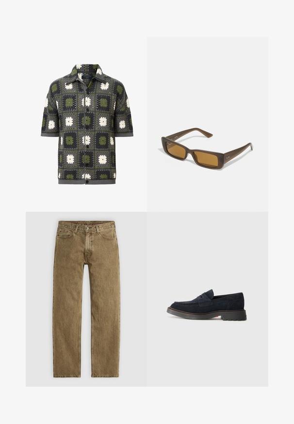 Košile s krátkým rukávem, která se vyznačuje patchworkovým designem zelených, šedých a bílých květinových čtverců, vyrobená z texturované pleteniny.; Světlé hnědé džíny z denimu se střihem rovného nohavice, pěticí kapsami a kovovými prvky v měděném odstínu. Texturovaná látka s viditelnými švy.; Navy modré semišové mokasíny s kulatou špičkou, dekorativním prošíváním a gumovou podrážkou s mírným zvýšením. Odolný materiál a design.; Hnědé obdélníkové sluneční brýle s tmavě hnědými rámy, tónovanými měděnými skly a stříbrným logem na spánku. Hladký matný povrch.
