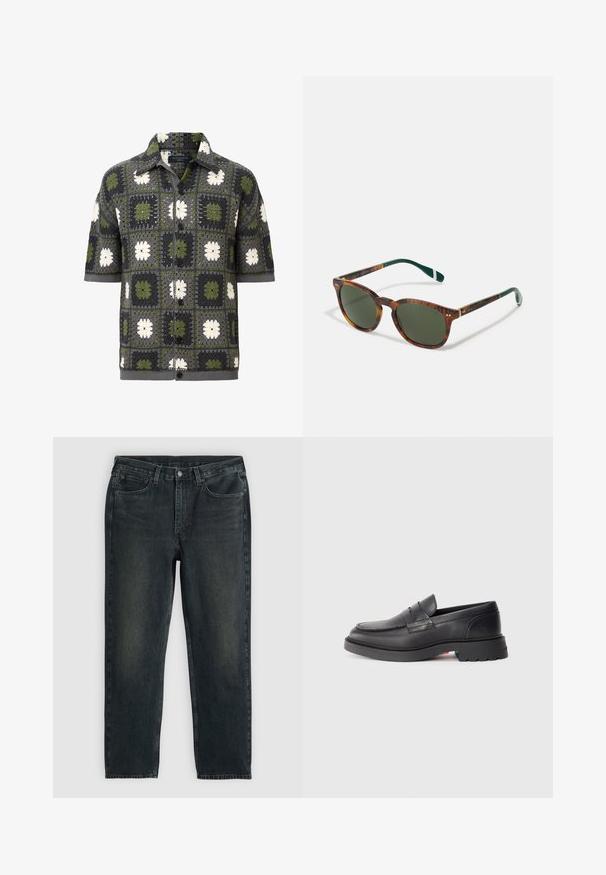 Korte mouw button-up shirt met een patchwork ontwerp van groene, grijze en witte bloemachtige vierkanten, gemaakt van een textuur tricot stof.; Donkerblauwe denim jeans met een recht model, voorzien van vijf zakken, een ritssluiting en contrasterende stiksels. Subtiele vervaging op de stof.; Zwarte leren instappers met een ronde neus, een verhoogde naad en een dikke rubbere zool. Eenvoudig ontwerp met minimale branding aan de zijkant.; Schildpadzonnebril met groene lenzen, ronde vorm, gouden accenten en donkergroene pootjes met een witte streep.